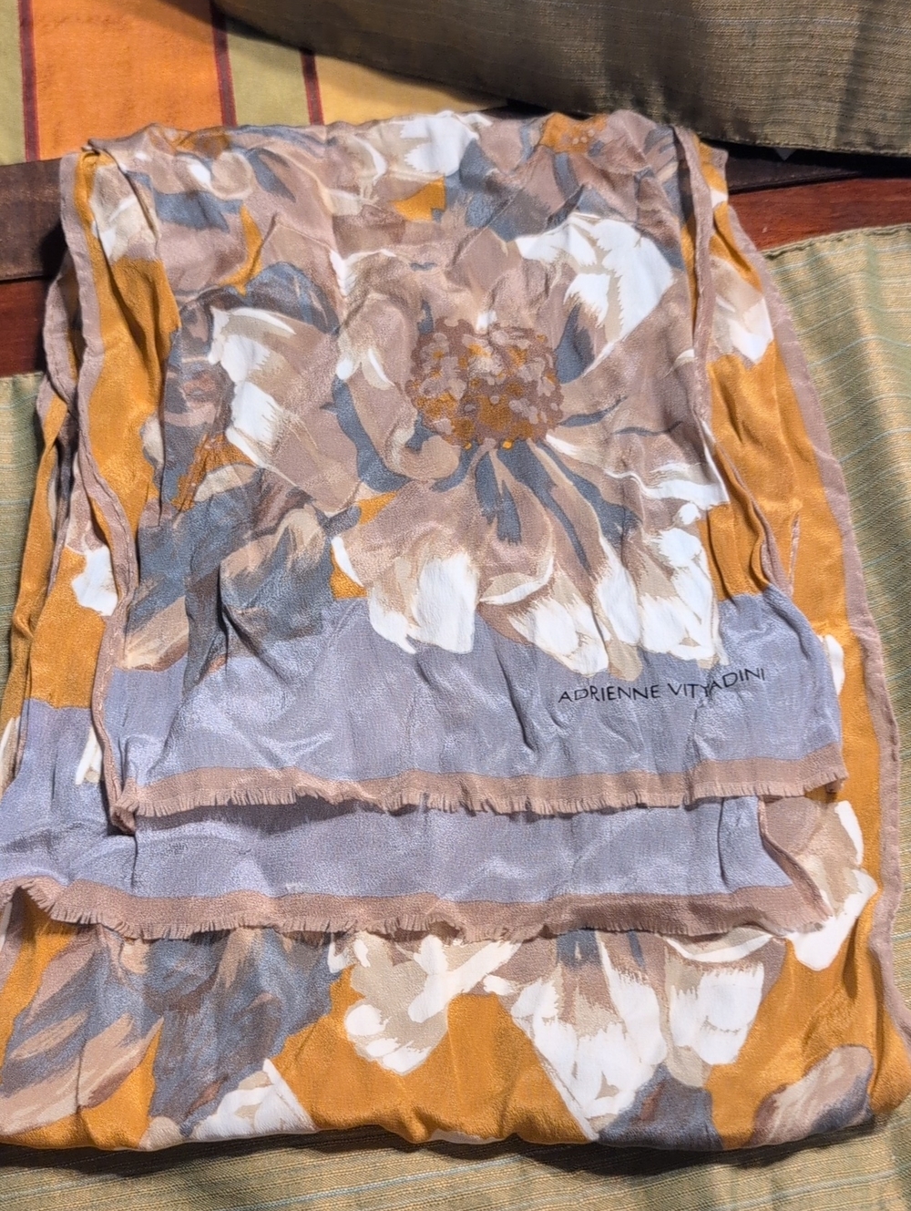 Adrienne Vittadini Mustard, Taupe & White Floral Sheer Silk Scarf